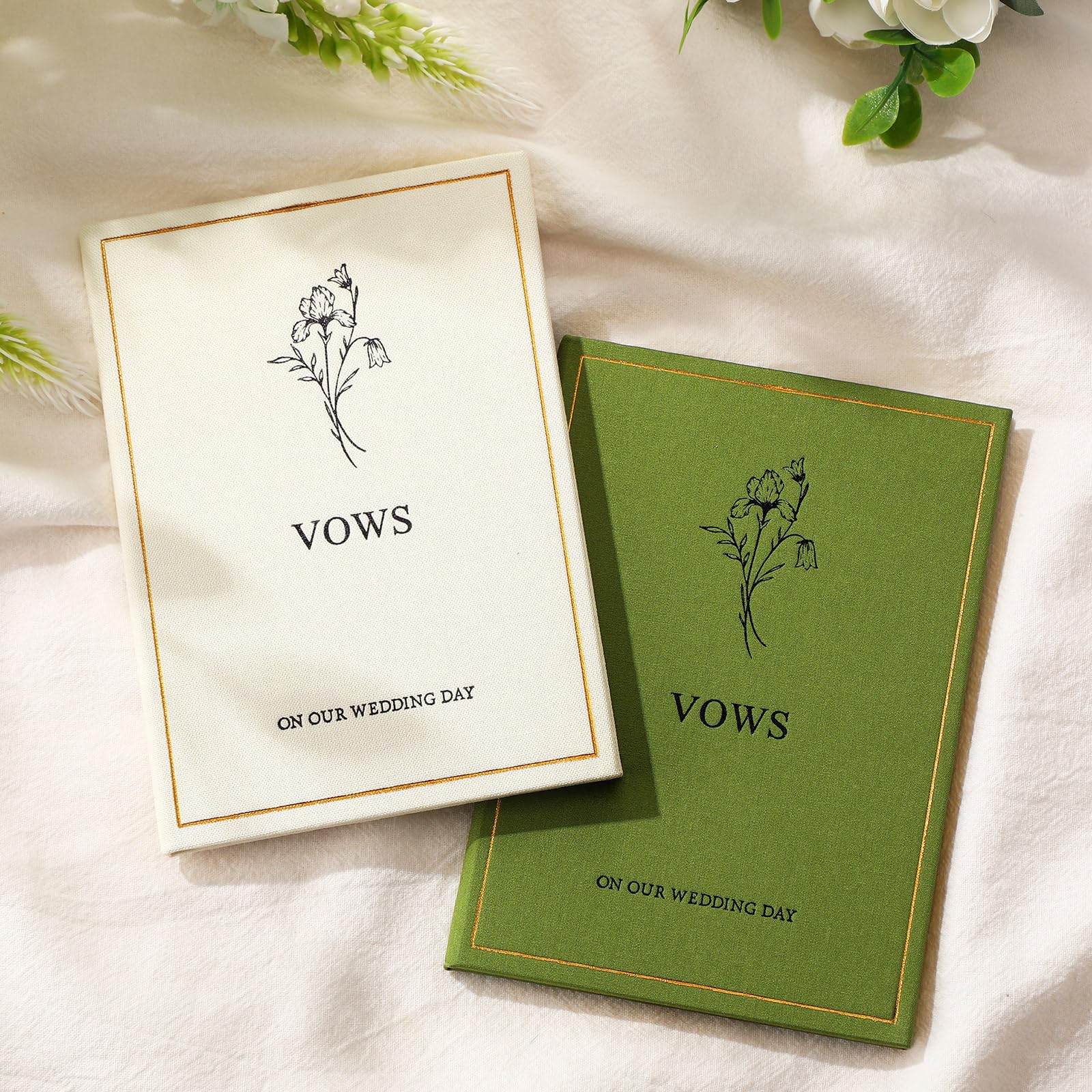 Photo 1 of Engrowtic Set of 2 Wedding Vow Books His and Hers Vows on Our Wedding Day Notebooks with Gold Foil Fabric Cover 5.8"x 4.1" Bride and Groom Gift for Newly Engaged Couple, 60 Lined Pages(Green, Beige)
