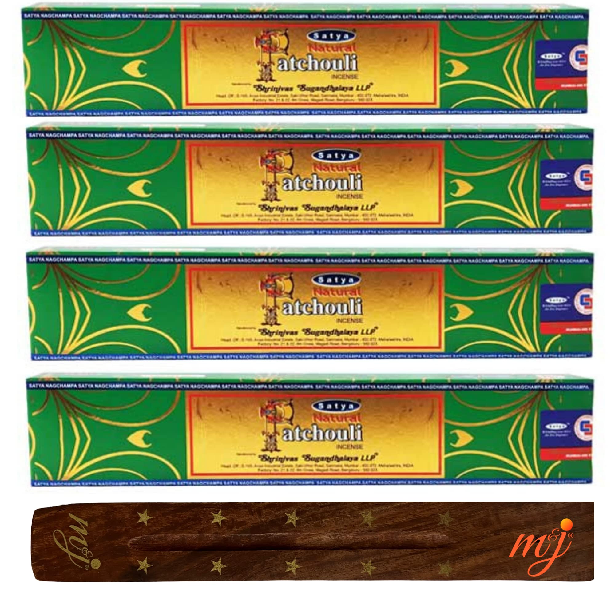 Original Satya Nag Champa Natural Patchouli Incense Sticks | with M&J incense sticks holder | x4 pack | for Aromatherapy, Spa, Yoga, Weddings, Meditation, Healing, Positivity and Relaxation — image 1