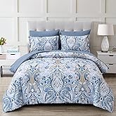 Drucon Blue Paisley Comforter Set Queen, 7 Pieces Bed in a Bag Boho Comforter Soft Microfiber Blue Paisley Bedding(1 Comforter, 1 Flat Sheet, 1 Fitted Sheet, 2 Pillow Shams, 2 Pillowcases)