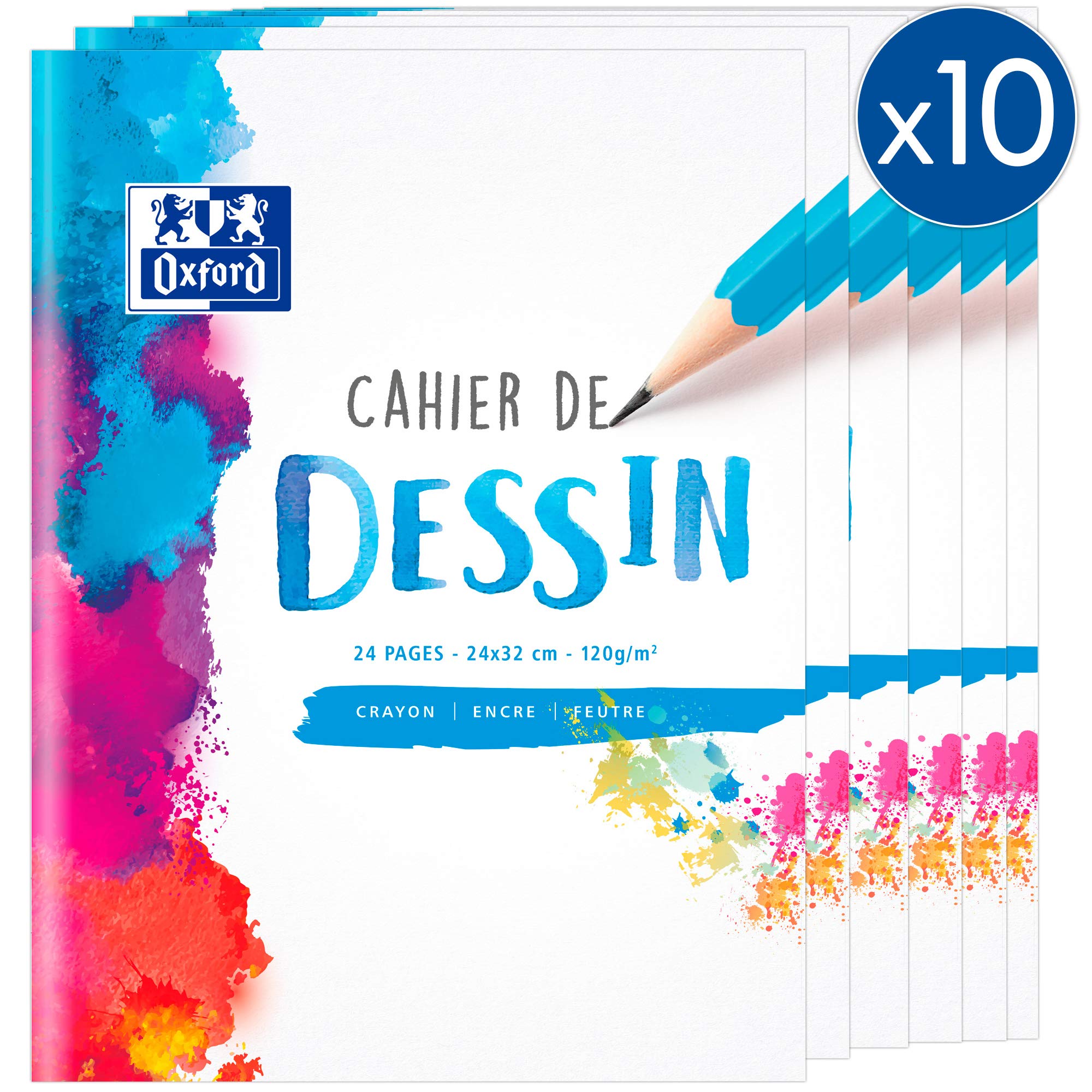 OXFORD Set of 10 Notebook Drawing 24 x 32 cm Plain White with 24 Pages Stapled Cover and Coloured Card