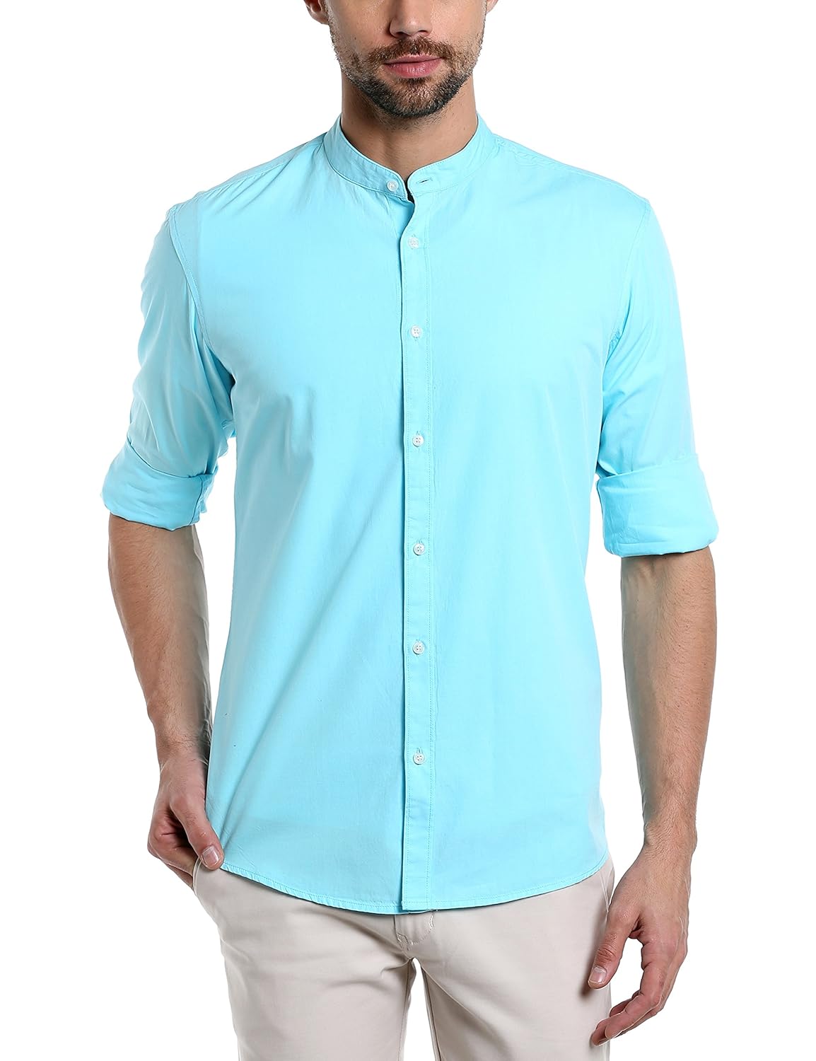 dennis lingo men's solid chinese collar tblue casual shirt