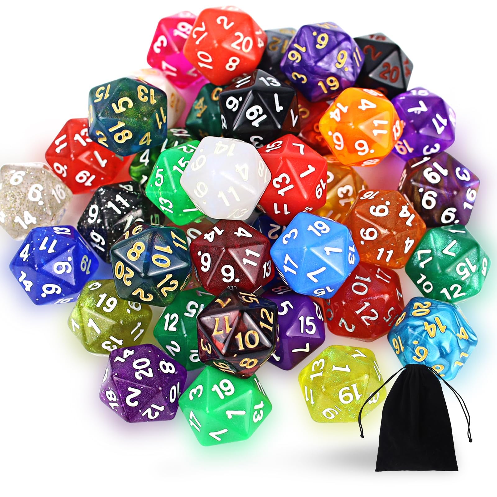 Polyhedral Dice Set, 40 Pieces Polyhedral Dice Set with Black Bag, 20 Sided Colourful Dice, D20 Game Dice for Dungeons and Dragons Pathfinder DND RPG MTG