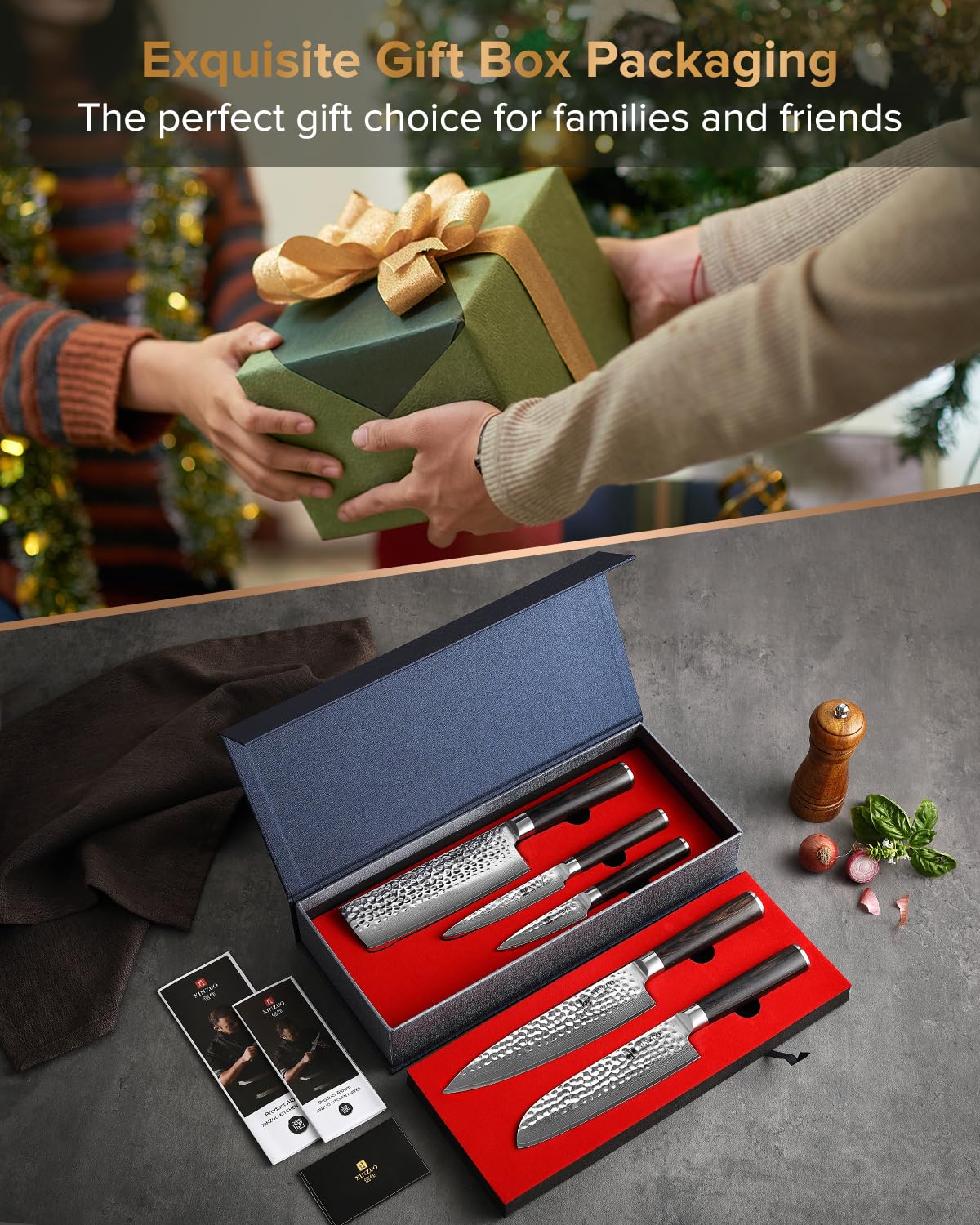 XINZUO Damaskus Küchenmesser Set 5er, Scharf Gyuto VG10 Edelstahl mit Hohem Kohlenstoffgehalt Chefmesser Santokumesser Nakirimesser Allzweckmesser Obstmesser Ergonomischer Pakkaholz Griff 9