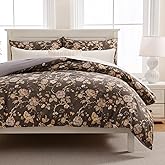 Zusbest Grey Brown Duvet Cover King 100% Cotton Shabby Vintage Floral Bedding Mocha Comforter Cover with Zipper, Soft Skin-Friendly Breathable, Peony Flower Print Bed Set, 3 Pcs