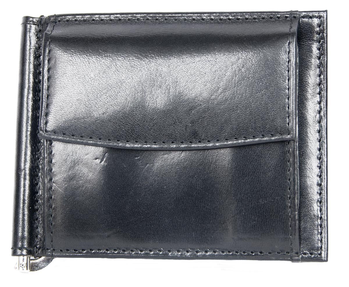 Bi-ifold glossy black genuine leather wallet with a pocket for coins