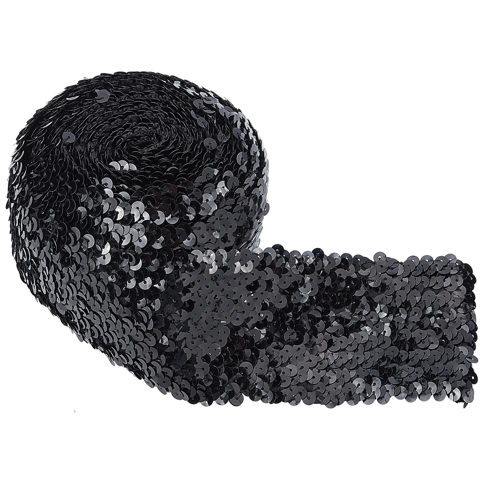 FINGERINSPIRE 5.5 Yards Elastic Sequin Ribbon Flat Sequins Paillette Lace Trim 75mm Black Metallic Stretch Trim Bling Fabric Paillette for Dress Headband Sewing Crafts — image 1