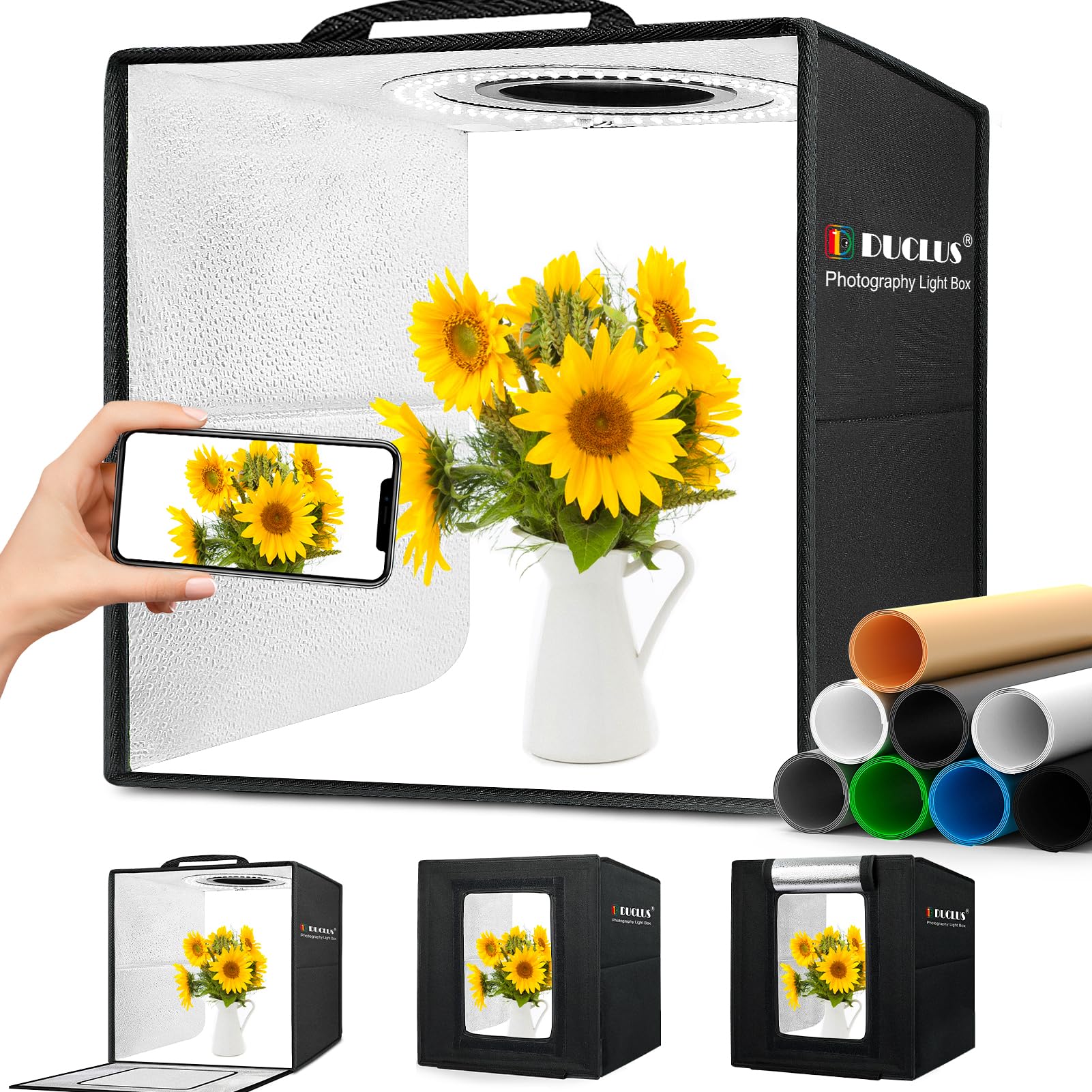 Photo 1 of DUCLUS Light Box Photo Studio, 12"x12" Professional Photo Booth Box with 8 Photo Backdrop, 112 LED Lights Dimmable & high CRI>95 Lightbox for Mini Product Photography: Jewelry, Miniature Models etc.