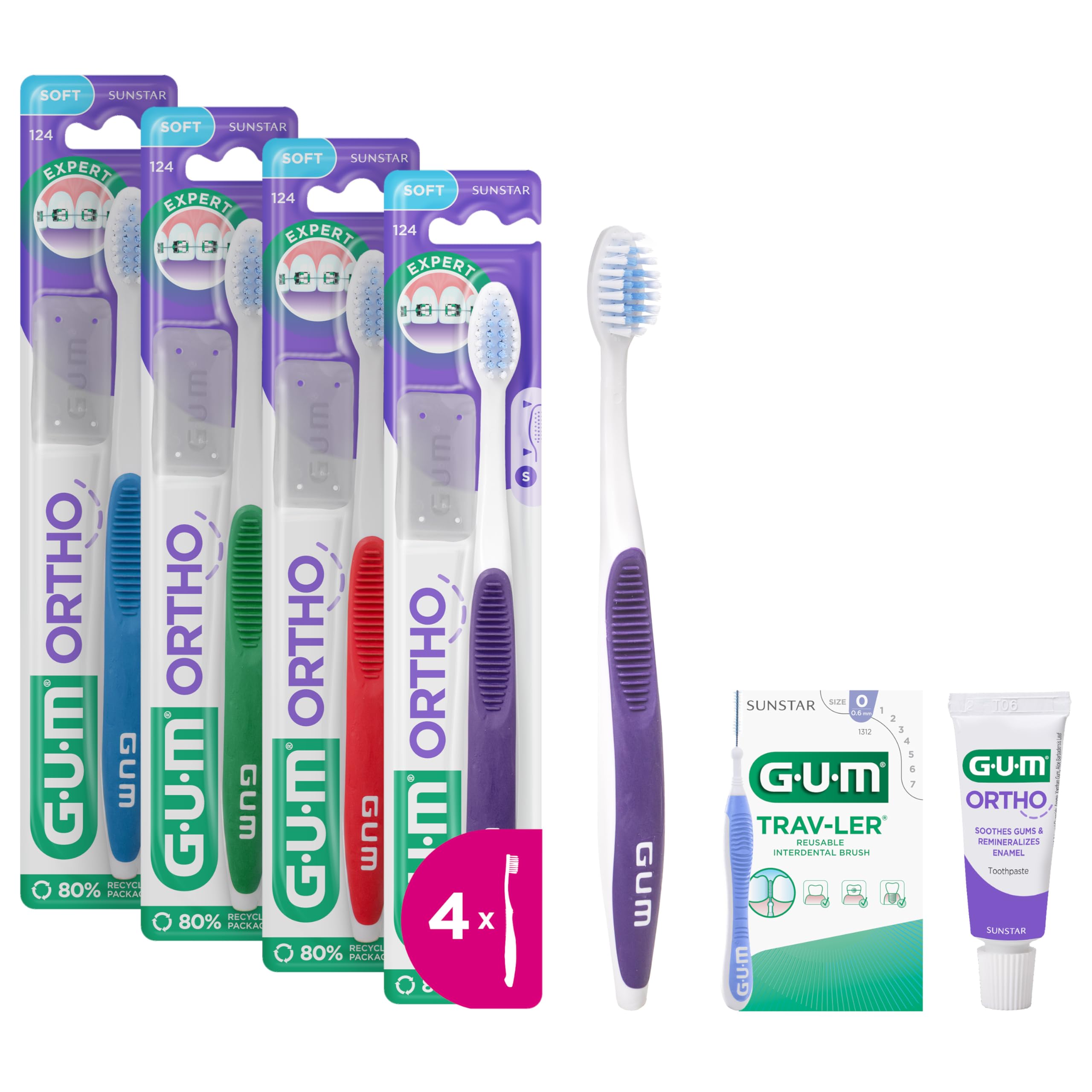 GUM Ortho Manual Toothbrush | V-Shaped Soft bristles | for Cleaning Braces | Non-Slip Handle | Travel Cap | 4x1 Pieces (with 2 Bonus Samples)