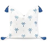 Hofdeco Premium Coastal Hampton Style Patio Indoor Outdoor Pillow Cover Only, 20"x20" Water Resistant for Backyard, Couch, Baby Blue Embroidered Palm Tree Tassel