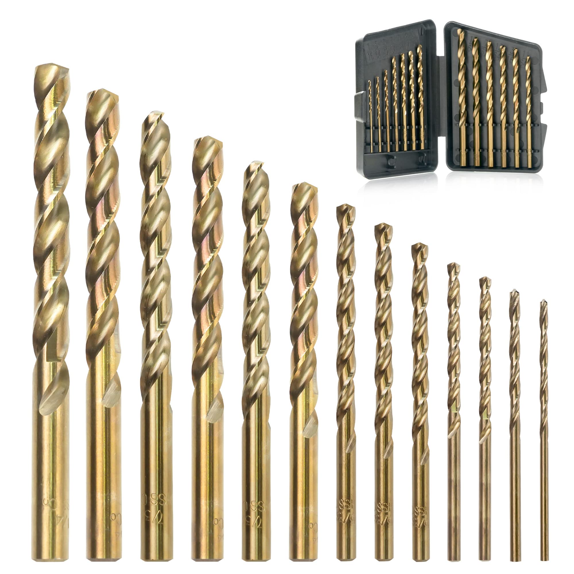 Photo 1 of GMTOOLS 13Pcs Cobalt Drill Bits Set, M35 HSS 135 Degree Tip, Twist Jobber Length Drill Bit Kit for Hardened Metal, Cast Iron, Stainless Steel, Plastic and Wood with Storage Case 1/16"-1/4"