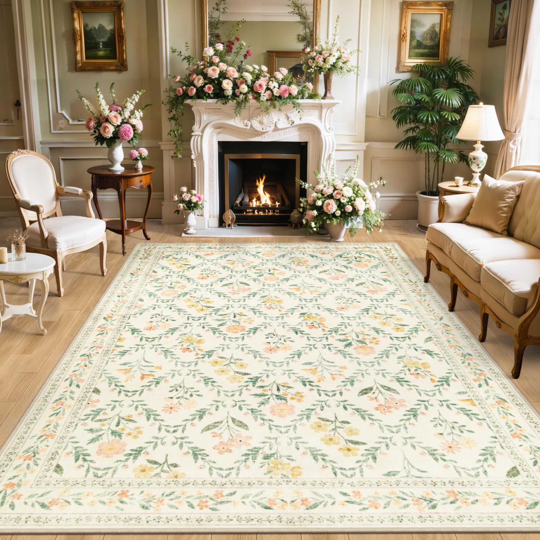 10x14 Area Rugs for Living Room: Floral Washable Rug Vintage Large Soft Boho Non-Slip Carpet Stain Resistant Low Pile Carpets for Bedroom Dining Room Farmhouse Nursery Hallway Home Office Beige/Multi