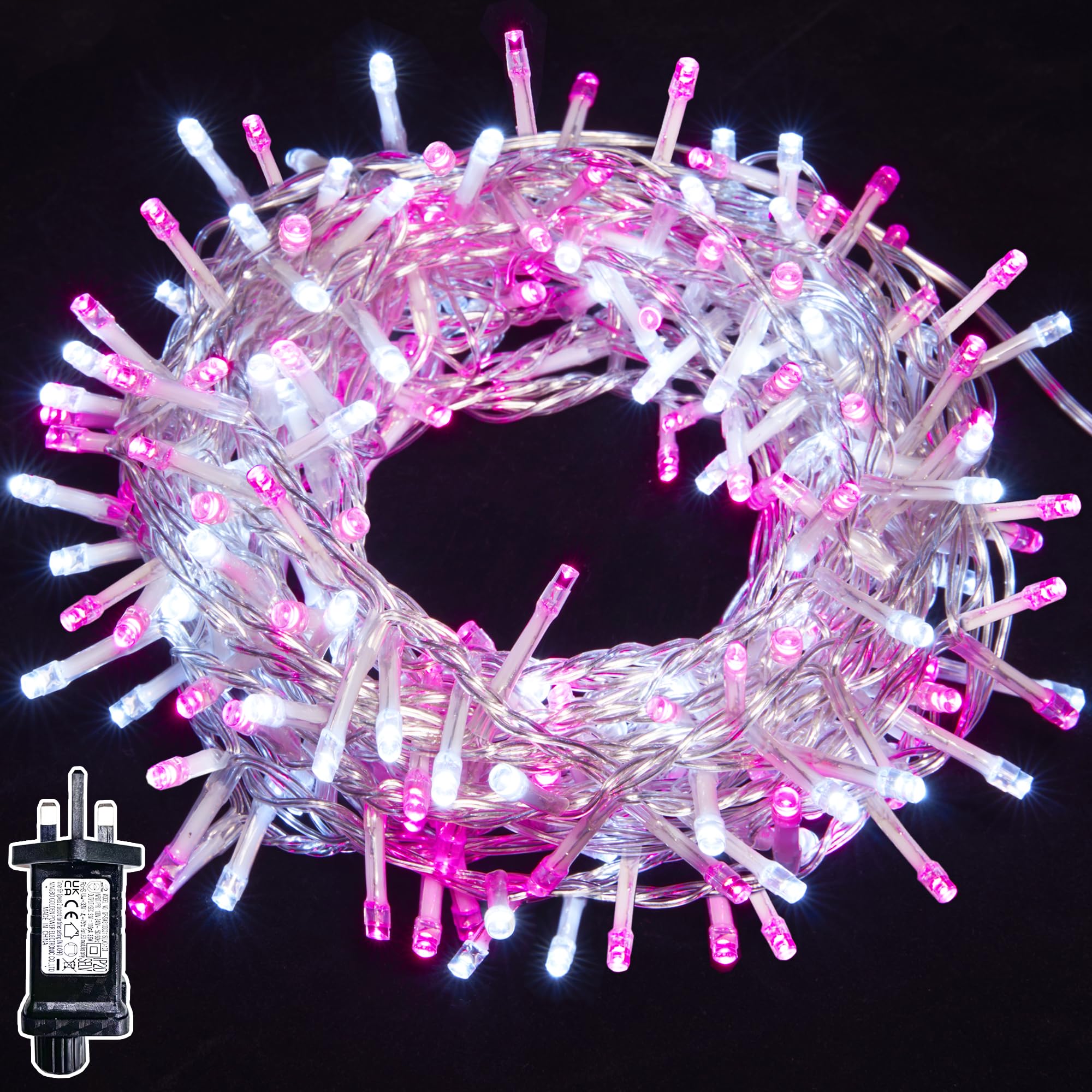 WISD Christmas Lights - 200 LED 13M Dimmable Xmas Tree Lights with 12 Modes, Timer and Memory - Indoor Outdoor Fairy String Lights Mains Powered for Garden Bedroom Party Decoration (Pink + White)