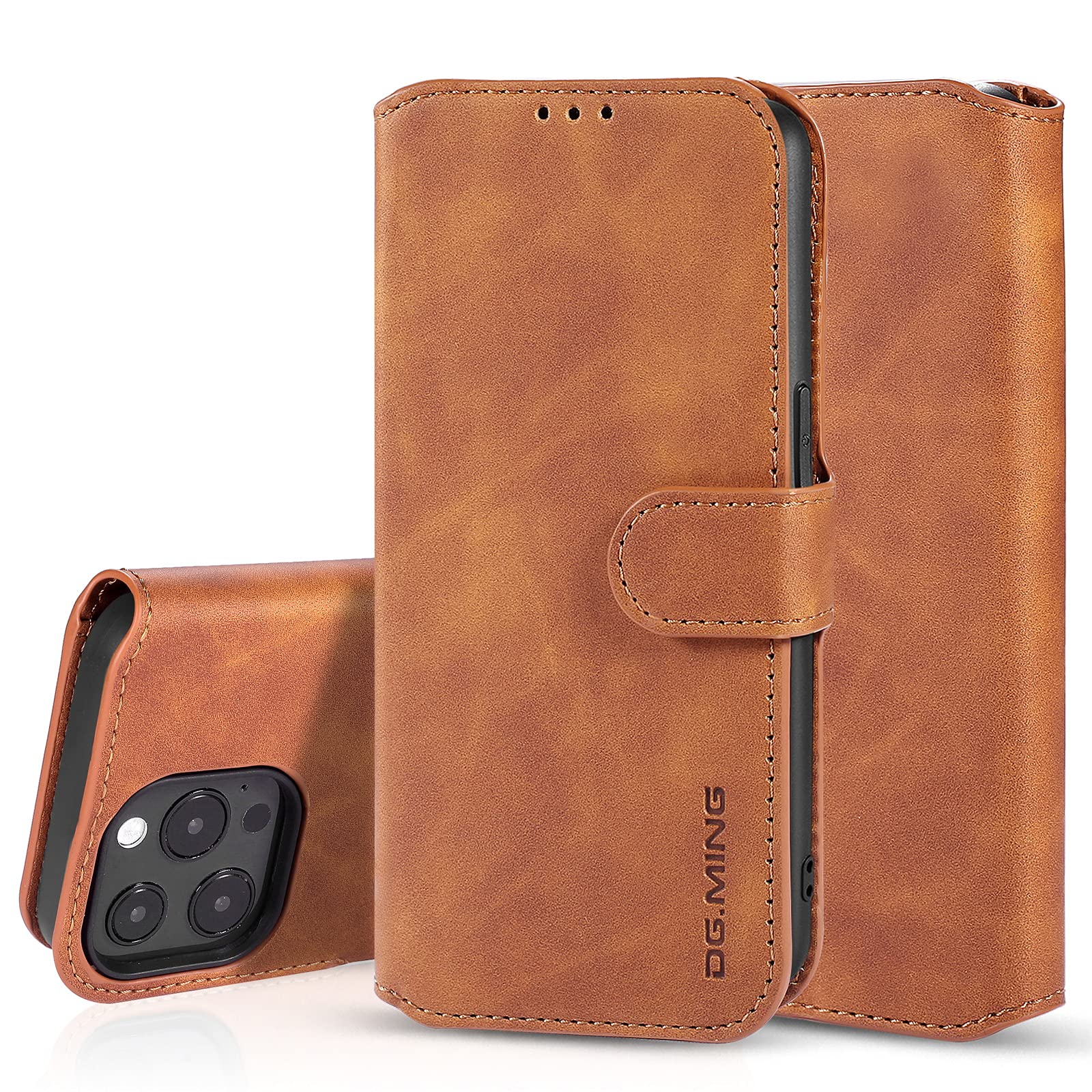 UEEBAI Case for iPhone13 Pro Max 6.7 inch, Luxury PU Leather Case Vintage Wallet Flip Cover TPU Inner Shell [Card Slots] Magnetic Closure Stand Function Folio Shockproof Full Protection - Brown