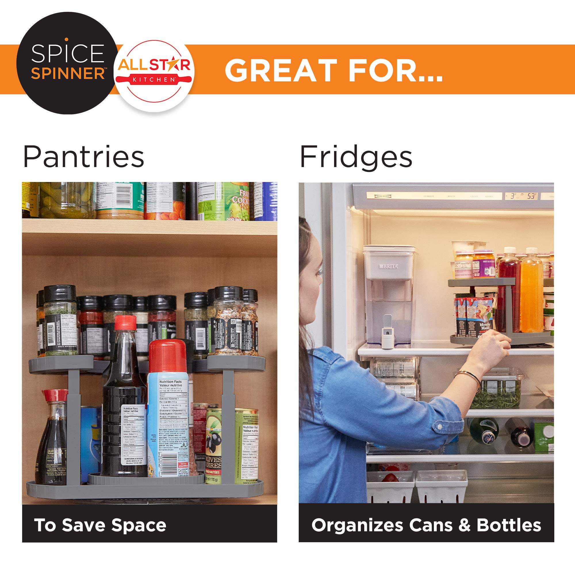 Allstar Innovations Spice Spinner Two-Tiered Spice Organizer & Holder That Saves Space, Keeps Everything Neat, Organized & Within Reach With Dual Spin Turntables- Grey