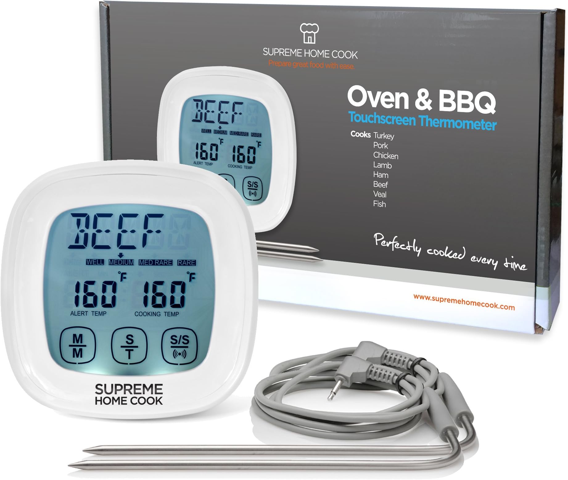 Supreme Home Cook. The ORIGINAL Oven & BBQ Touchscreen Digital Meat Cooking Thermometer and Timer with 2 Stainless Steel Probes for Cooking meats to perfection.