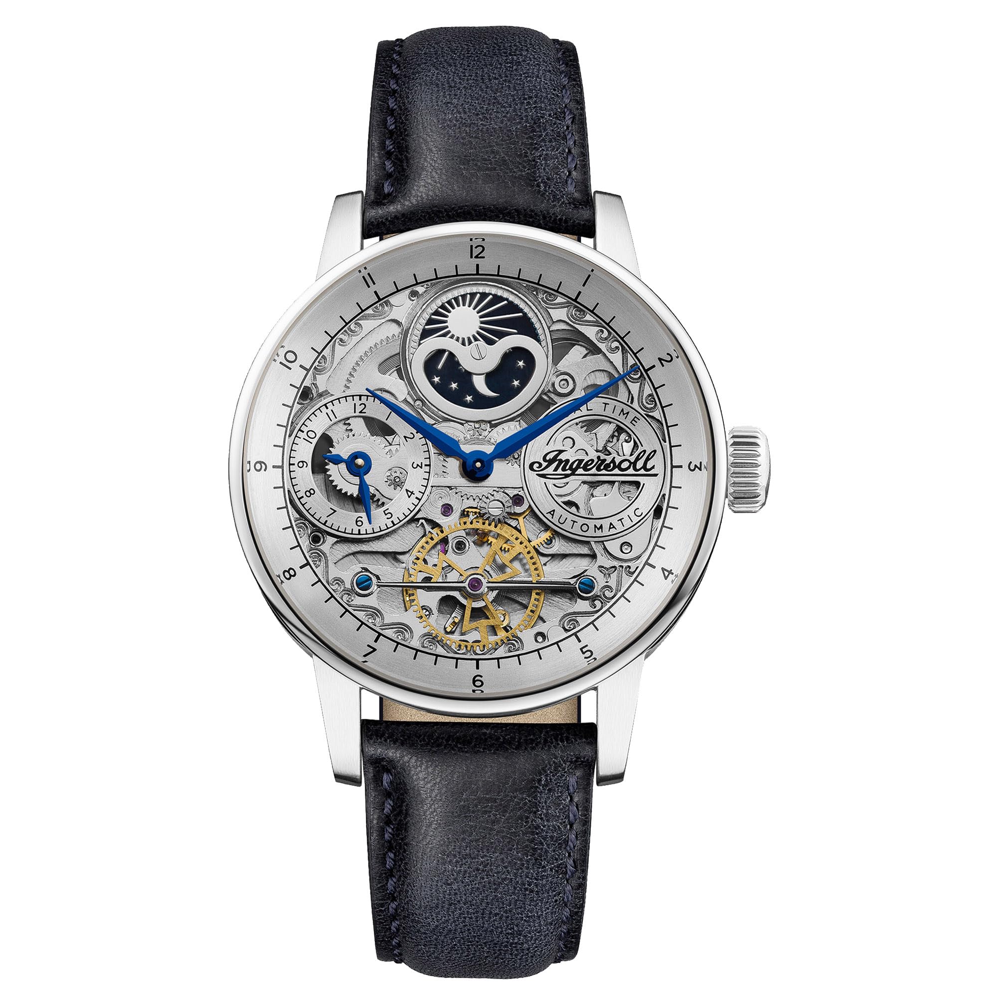 Ingersoll The Jazz Mens 42mm Automatic Moonphase Watch with Silver Skeleton Dial and Blue Genuine Leather Strap I07702