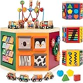 WOODMAM Large Activity Cube, 9-in-1 Farm-Themed Wooden Play Center, Multipurpose Montessori Toy for 1-2 Year Old Baby Toddler