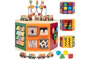 WOODMAM Large Activity Cube, 9-in-1 Farm-Themed Wooden Play Center, Multipurpose Montessori Toy for 1-2 Year Old Baby Toddler Kid, First Birthday Gift | Bonus Magnetic Train Cars