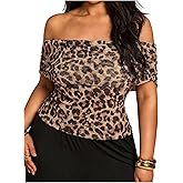 Floerns Women's Plus Size Cheetah Off Shoulder T Shirts Short Sleeve Y2k Leopard Tee Tops
