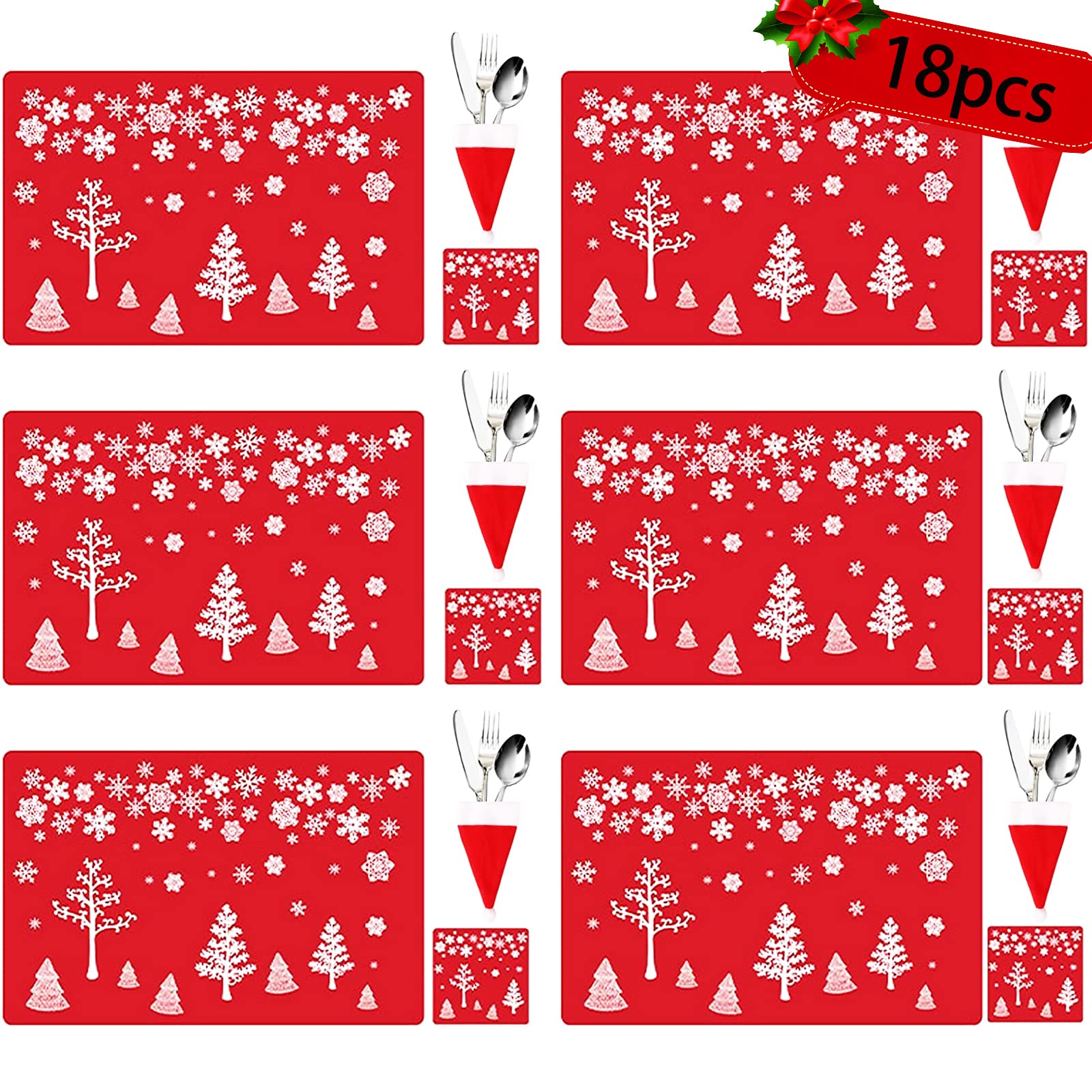 18PCS Christmas Placemat with Cup Mats,christmas table mats，Christmas PVC Placemats Coasters Cutlery set Het Resistant Waterproof Xmas Table Mats, for Xmas Party Home Dining Table Decoration（red）