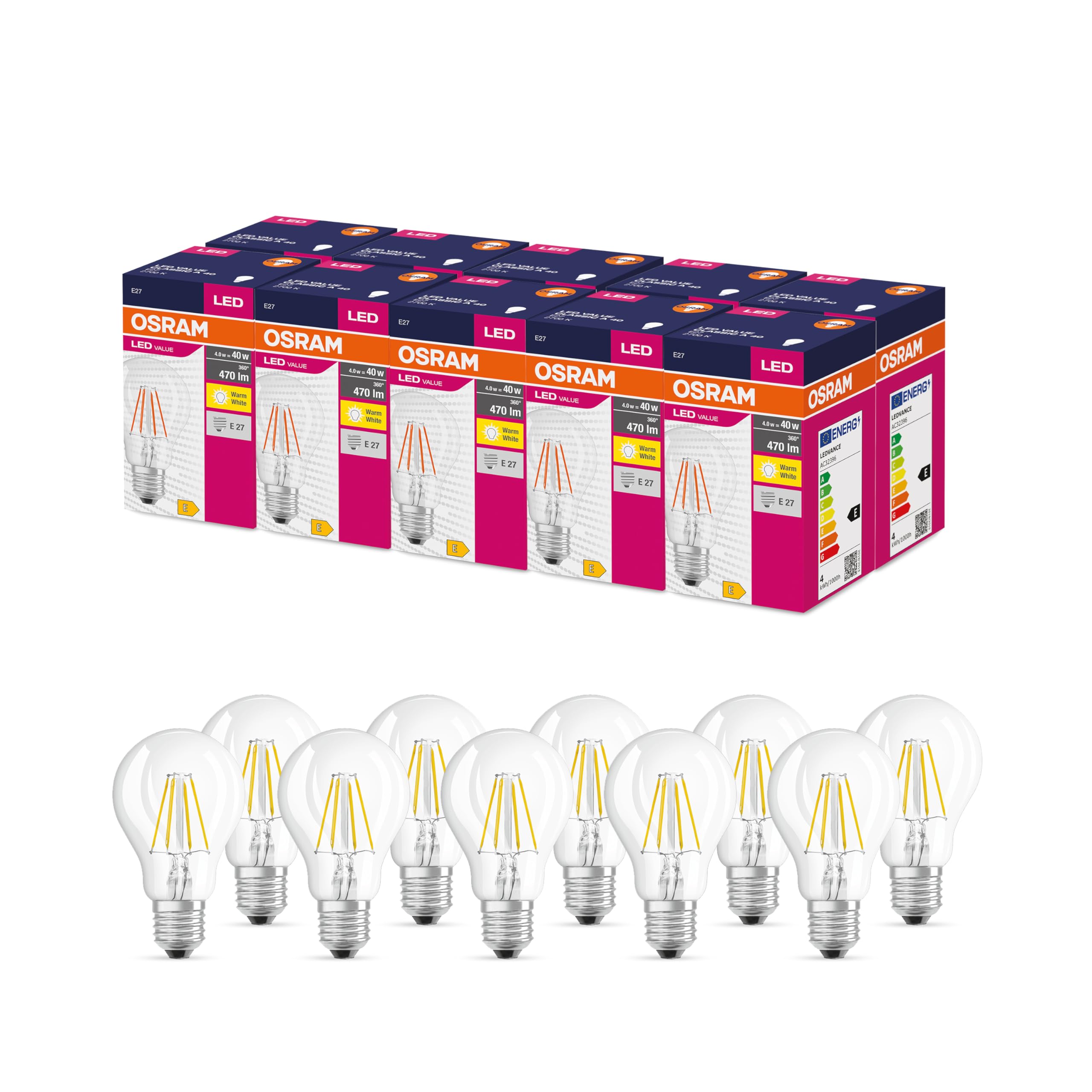 OSRAM Led Star Value Classic A40 Led Lamp for E27 Socket, Pear Shape, Fil, 470 Lumens, Warm White (2700K), Replacement for Conventional 40W Light Bulbs, Not Dimmable, 10-Pack