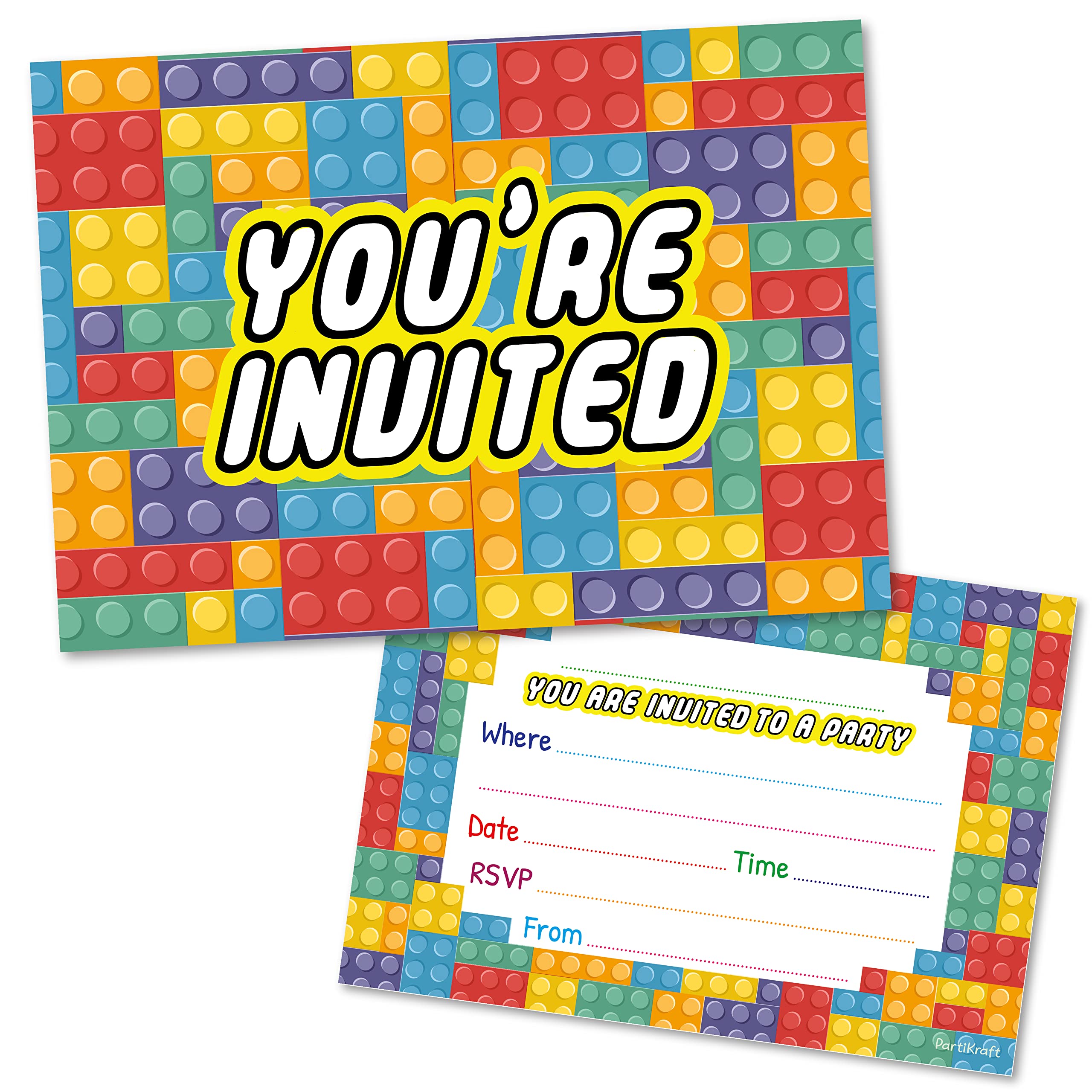 PartiKraft (Pack of 40) Building Blocks Childrens Birthday Party Invitations - Double Sided (NO ENVELOPES) โ image 1