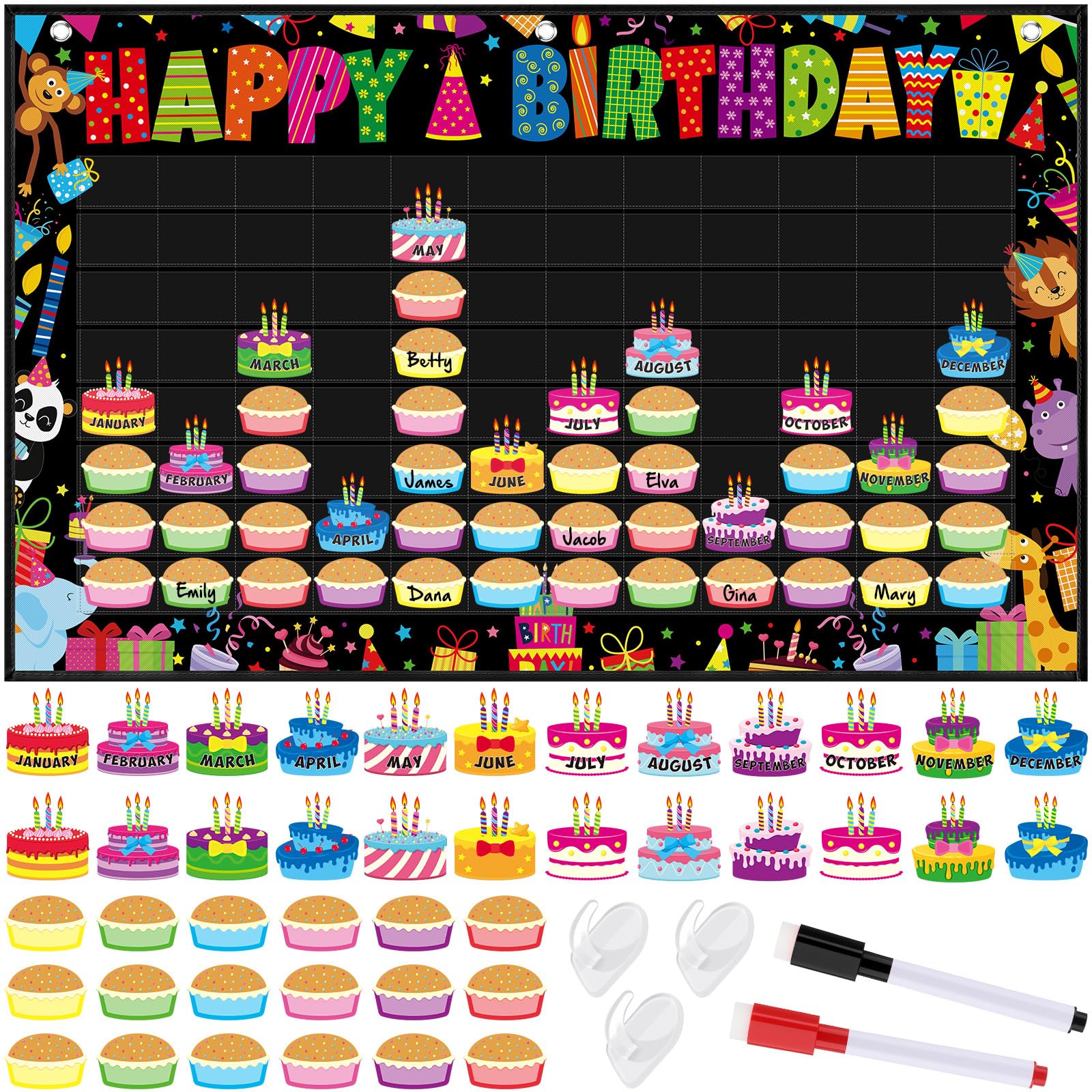 Photo 1 of Fuutreo Happy Birthday Pocket Chart Classroom Birthday Board Reusable Calendar Wall Hanging Chart with 144 Dry Erase Cards School Bulletin Board Decor(Cute Animal Style)