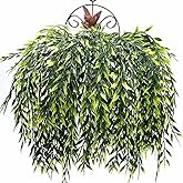 Artificial Weeping Willow Plants, Fake Hanging Vine Decor Plastic Greenery Leaves Faux Ivy for Indoor Outdoor Garden Door Wall DIY Basket Planter Filler Wedding Party Decoration Blackish Green 4 Pack