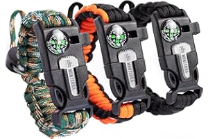 Monterra Paracord Survival Bracelet, 3 Pack, Adjustable, Firestarter, Compass, Whistle, Emergency Gear, Camping Accessories, Hiking Essentials, Trekking Adventures, Fishing, Hunting.