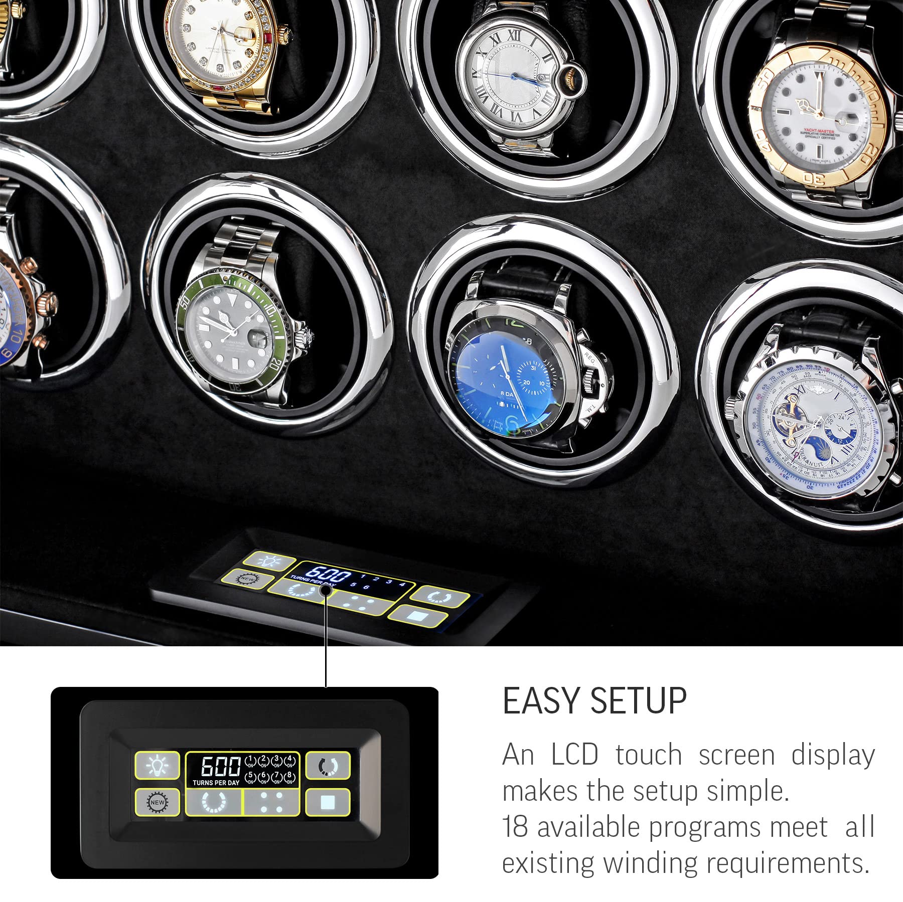 Watch Winder for 8 Automatic Watches with LED Backlight and LCD Touchscreen Control (Black + Black)