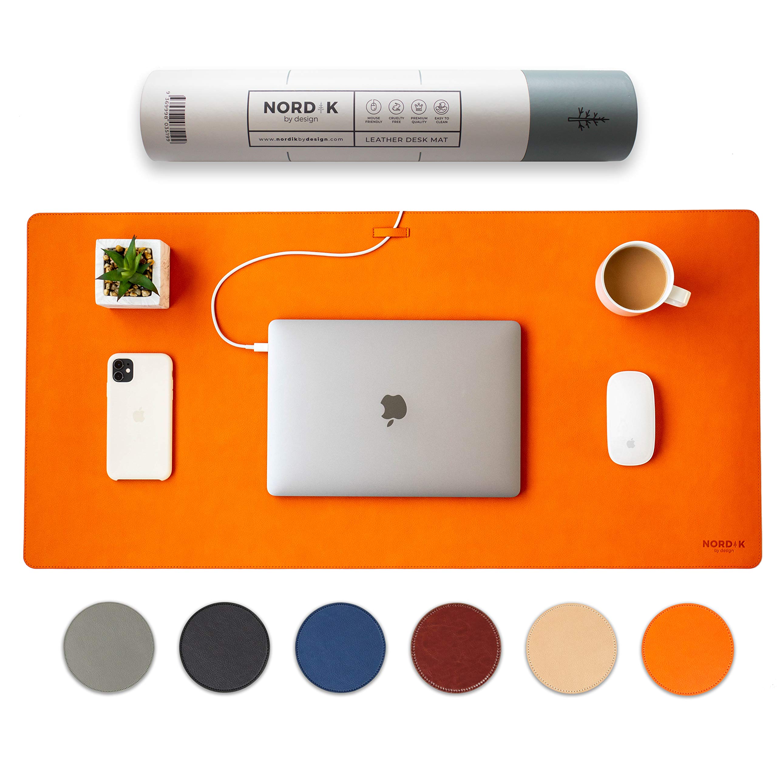 Photo 1 of Nordik Leather Desk Mat Cable Organizer - Tangerine Orange 35 X 17 inch - Premium Extended Mouse Mat for Home Office Accessories - Non-Slip Vegan Leather Desk Pad Protector & Desk Blotter Pad