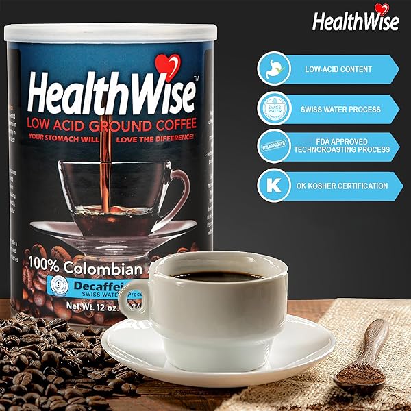 HEALTHWISE LOW ACID DECAFFEINATED GROUND COFFEE, CHEMICAL-FREE SWISS WATER PROCESS, 99.9% CAFFEINE FREE, 100% COLOMBIAN – MEDIUM ROAST, HEALTHIER COFFEE FOR SENSITIVE STOMACHS 12 OUNCE (PACK OF 1)