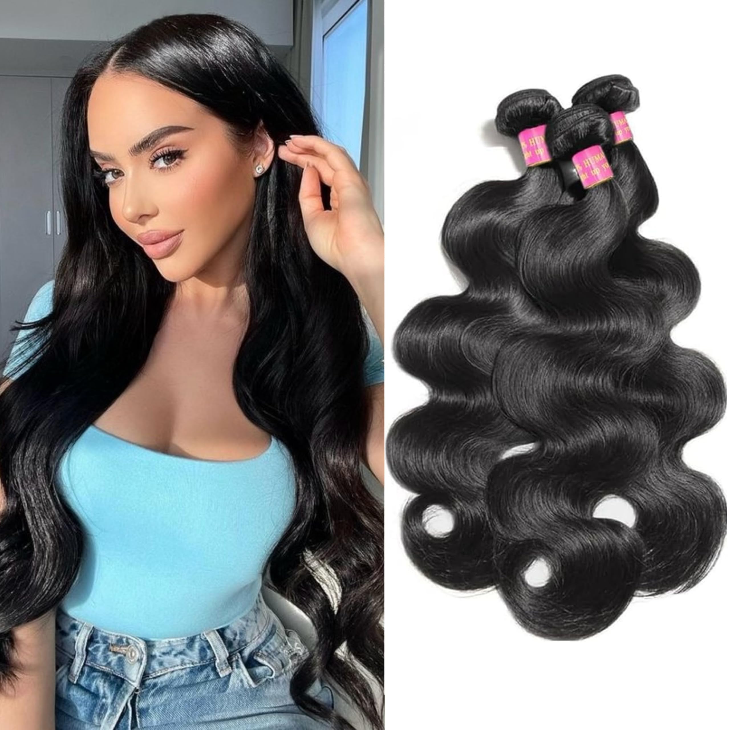 Human Hair Bundles Body Wave 3 Bundles Human Hair 100% Unprocessed 12A Brazilian Virgin Hair Bundles,Hair Extension,Can Be Dyed or Bleached,Natural Black,18 20 22 Inch