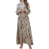 R.Vivimos Fall Dresses for Women Long Sleeve Pleated Casual Mock Neck Elegant Print Maxi Dress with Belt