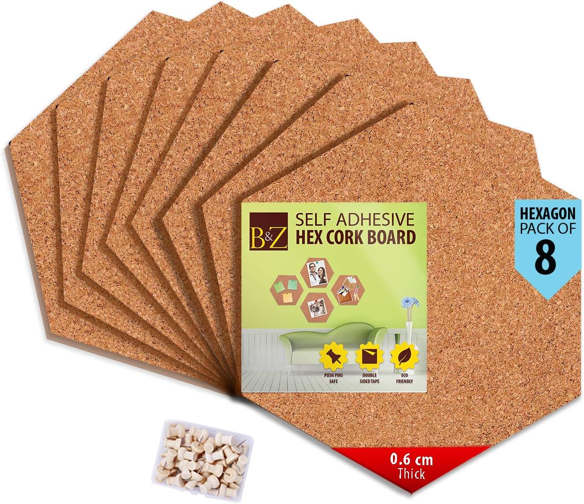 B&Z Self Adhesive Sticky Cork Board Hexagon Tiles Mini Wall Bulletin Boards Pin Message Notice Board Office Memo School Pinboard Wooden Push Pin Hexagon Rounded Curves (30cm x 26cm x 0.6cm) (8)