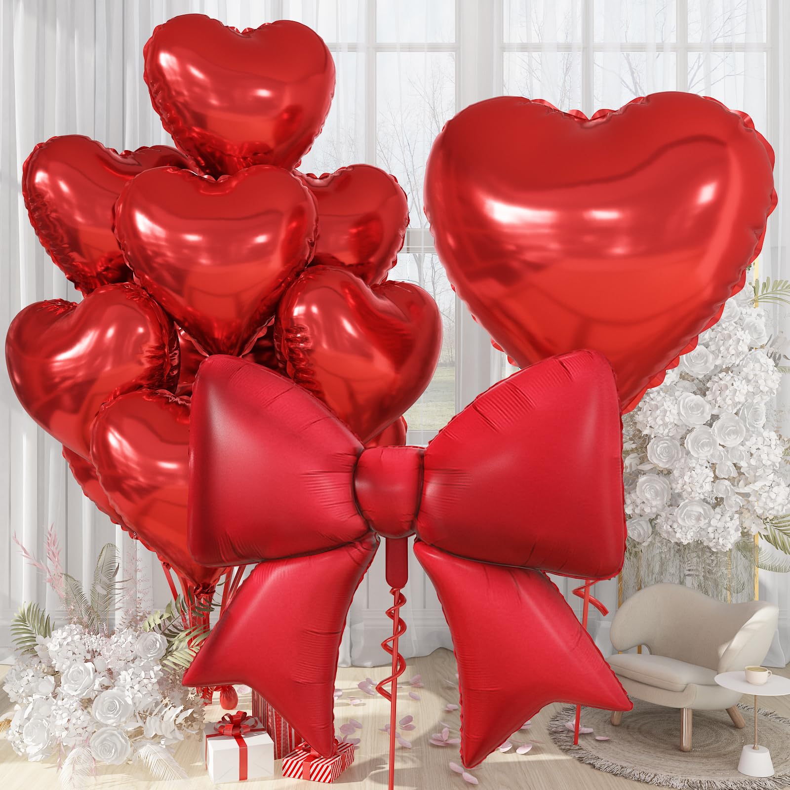 Photo 1 of 32 Inch Red Heart Balloons, Large Bow Foil Balloons, 10Pcs 38" Giant Matt Red Bow-knot Balloon with 18" Metallic Heart Shape Helium Balloon Set for Birthday Wedding Bachelorette Anniversary Valentine