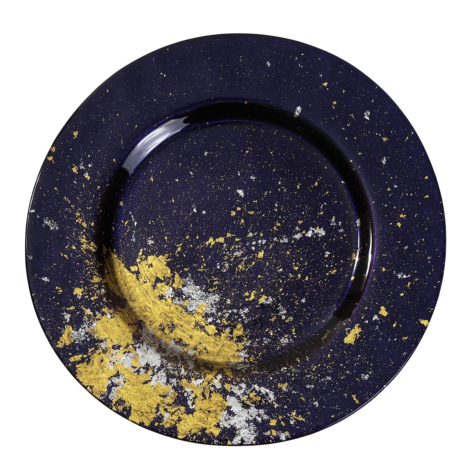 Syosaku Japanese Urushi Glass Dinner Plate Φ12.5-inch Majestic Blue with Gold Leaf, Dishwasher Safe