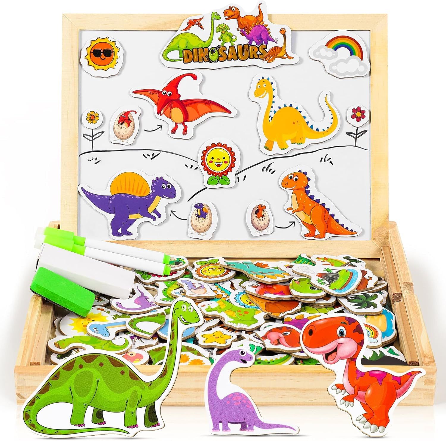 COOLJOY Wooden Magnetic Puzzle toys | Dinosaur Toys for 3 Year Old Boys | Dinosaur Magnetic Board 100+ PCS for Kids | Wooden Toys for Boys Girls Kids 3 4 5 Year Olds| Easter Gifts for Kids