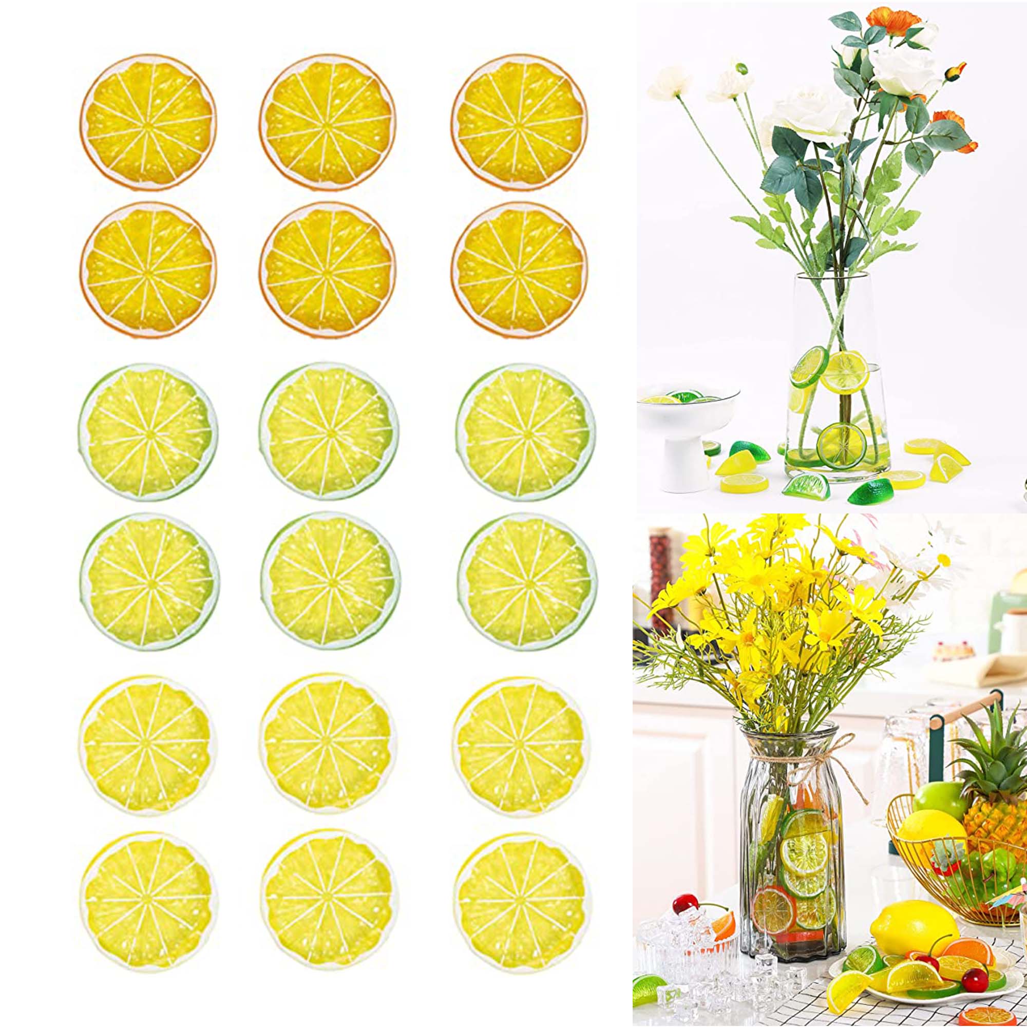 LONGHAO Artificial Lemon Slice, Simulation Lemon Slices, Fake Lemon Slice, Simulation Lifelike Lemons, Fruit Decoration, Decorative Lemon, for Shop Window/Home Party Decoration, Pack of 18