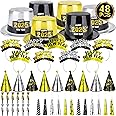 48PCS New Year's Eve Party Supplies for 24 Guests - Happy New Year Headband, Gold Black Party Favors, Cone Hats, Horns, Blowouts - Accessories in Plastic Cardboard