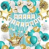Iysoll Teal Blue and Gold Birthday Party Decorations Happy Birthday Banner Turquoise Aqua Teal Balloons Foil Fringe Curtain Tissue Pom Poms for Women Girls men boys