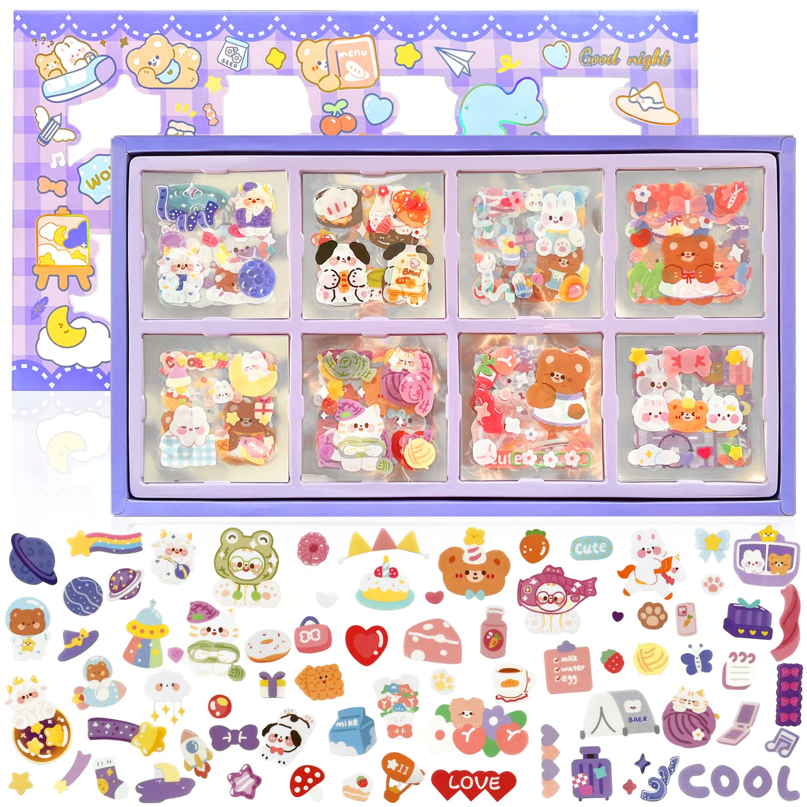 Photo 1 of 2000 Pcs Cute Stickers, Waterproof Vinyl Transparent Stickers, Kawaii Fun Stickers for Water Bottle Laptop Scrapbook Journaling, 200 Sheets Animal Stickers Boxed Gifts for Kids Teens Girls Boys