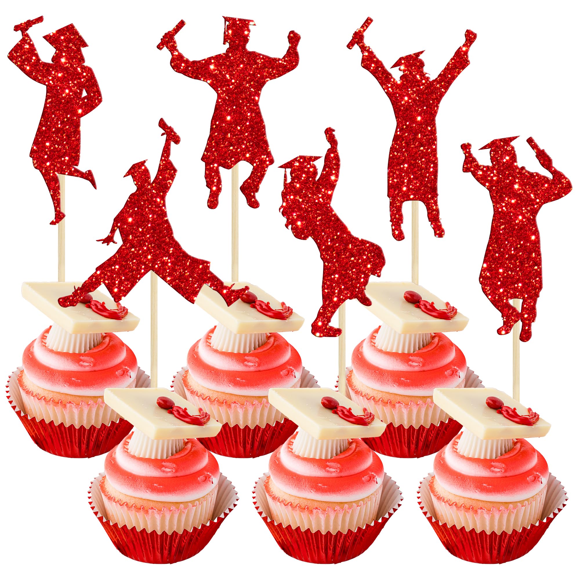Gyufise 24Pcs 2026 Graduation Cupcake Toppers Red Glitter Class of 2026 Boys Girls Graduation Cap Cupcake Picks for 2026 Graduation Theme Party Cake Decorations Supplies — image 1