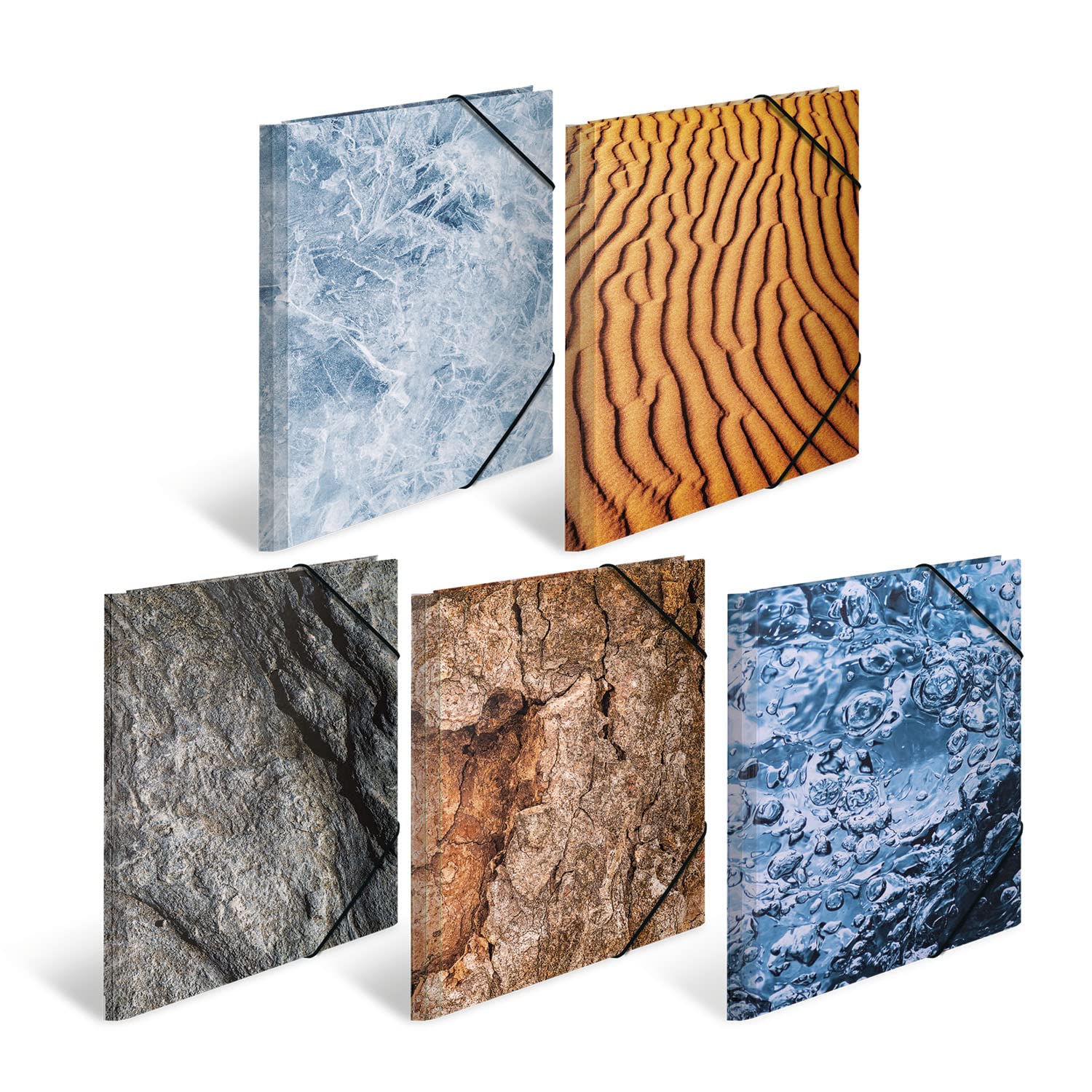 HERMA 19772 Portfolio Folders A4 Natural Assortment, Pack of 10, Children's Cardboard Corner Folder with Haptic Finish, Inner Print and Elastic Band, Sturdy Cardboard Folders Set for Boys and Girls