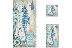 Naanle Vintage Ocean Sea Horse Starfish Map Soft Luxury Decorative Set of 3 Towels, 1 Bath Towel+1 Hand Towel+1 Washcloth, Multipurpose for Bathroom, Hotel, Gym, Spa and Beach