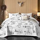 Wake In Cloud - Western Quilt Set, Rustic Ranch Life with Cowboy Southwestern Vintage Country Pattern Printed, Reversible Lightweight Bedspread Coverlet, 3 Pieces, Black White, Queen/Full Size