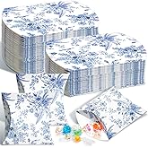 Moinchore 100 Pcs Blue Floral Pillow Boxes Kraft Paper Pillow Gift Boxes Candy Wedding Party Favors Blue Floral Candy Decor for Wedding Baby Bridal Shower Birthday Party Supplies