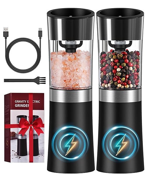 COSYAIREY Gravity Electric Salt and Pepper Grinder Set, USB-C Rechargeable Salt and Pepper Mill with Larger Capacity, White Light, One Hand Automatic Operation, Black, 2Pack