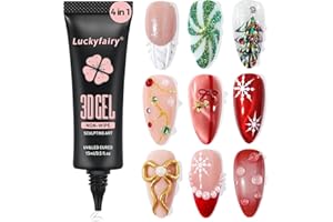 Luckyfairy 3D Gel Nail Art: 4 in 1 3D Nail Sculpting Gel for Molding, Drawing, Chrome Powder, Rhinestone Charms Glue, No Wipe Clear for DIY Fall Christmas Nail Art at Home, Lamp Curing Needed