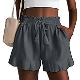 Huukeay Women's Casual Linen Shorts High Waist Drawstring Lettuce Trim Summer Lightweight Flowy Shorts with Pockets